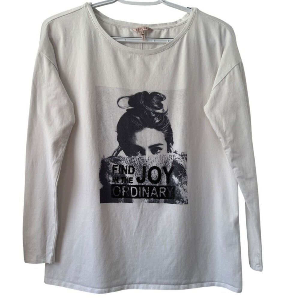 ESQUALO Women's Size XS Long Sleeve Cotton Graphic T-Shirt White Black